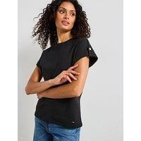 Tommy Hilfiger Women’s Short Sleeve Gold Button Round Neck T-Shirt, Black (Black), L