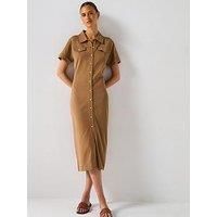 Tommy Hilfiger Short Sleeve Gold Button Midi Shirt Dress - Brown