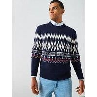 Tommy Hilfiger Placed Fairisle Wool Blend Crew Knitted Jumper - Navy