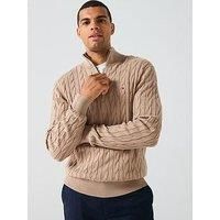 Tommy Hilfiger Classic Cotton Cable 1/4 Zip Mock Knitted Jumper - Light Brown