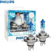 Philips WhiteVision H4 12V 60/55W 4100K White Light +40% Bright Car Headlight Genuine Auto Bulbs Halogen Lamps 12342WHVS2, Pair