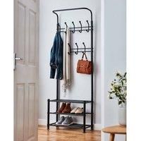 House of Home Stylish Multi-Functional Black Steel Coat Rack | Free Standing Hall Shoe Storage Stand | Durable, Space-Saving Design with 18 Hooks and Shoe Bench for Hallway