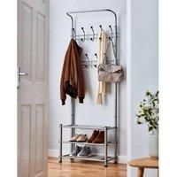 House of Home Stylish Multi-Functional Grey Steel Coat Rack | Free Standing Hall Shoe Storage Stand | Durable, Space-Saving Design with 18 Hooks and Shoe Bench for Hallway
