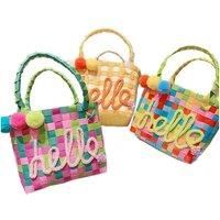 Women'S Hello Knitted Bag With Pompoms - 3 Colours - Yellow