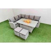 8-Seat Rattan Sofa Set W/ Fire Pit & 2 Small Footstools Grey