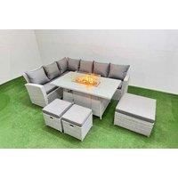 9-Seat Rattan Sofa Set W/ Fire Pit & 3 Footstools Light Grey