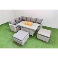 8-Seat Rattan Sofa Set W/ Fire Pit & 2 Big Footstools Grey