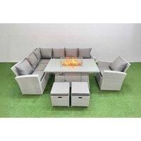 9-Seat Rattan Sofa Set W/ Fire Pit & 2 Small Footstools Grey