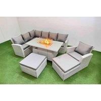 Rattan Corner Sofa Set W/ Tempered Glass Fire Pit & 2 Big Stools