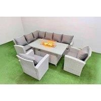 Rattan Corner Sofa Set W/ Tempered Glass Fire Pit Light Grey