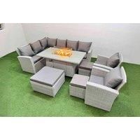 Rattan Corner Sofa Set W/ Tempered Glass Fire Pit & 3 Stools