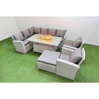 Rattan Corner Sofa Set W/ Tempered Glass Fire Pit & Stools