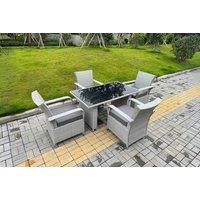 Modern Rattan Dining Set - 4 Seater, Black Tempered Glass Table, Weather-Resistant, Grey PE Rattan