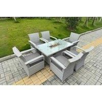 Grey Rattan Fire Pit Dining Set - 6 Chairs, Weather-Resistant, Tempered Glass Table