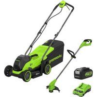Greenworks 24v Cordless Brushless Lawnmower 330mm and Grass Trimmer 250mm 1 x 4ah Li-ion Battery Charger