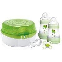 MAM Microwave Steam Steriliser, Comes with 2x MAM Easy Start Self Sterilising Anti-Colic Baby Bottles and Baby Soother, Bottle Steriliser for Babies