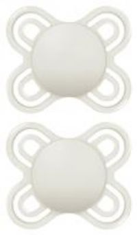 MAM Perfect Soothers 0-2 Months (Pack of 2), Thinner and Softer Baby Soothers with Self Sterilising Travel Case, Newborn Essentials, Green/White (Designs May Vary)