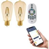 EGLO connect.z Set of 2 Smart Home E27 LED light bulbs, ST64, with remote control, ZigBee vintage lightbulbs amber, app and voice control, dimmable, 500 lumen each, 5.5 watt each, warm white