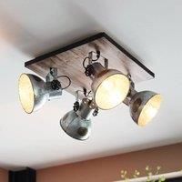 EGLO Ceiling Lamp Barnstaple, 4 Bulbs Vintage Ceiling Spotlight in Industrial Design, Retro Wall Light made of Steel in Zinc Used-Look, Wood, Colour: Brown-Patina, Black, Socket: E27