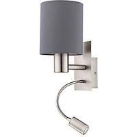 EGLO Pasteri Led Wall Light, 2-Flame Fabric Wall Light, Material: Steel, Fabric, Colour: Matt Nickel, Grey, Socket: E27, incl. Switch and Flexible Led Reading Light