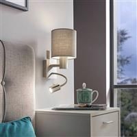 EGLO Pasteri Led Wall Light, 2-Flame Fabric Wall Light, Material: Steel, Fabric, Colour: Matt Nickel, Grey, Socket: E27, incl. Switch and Flexible Led Reading Light