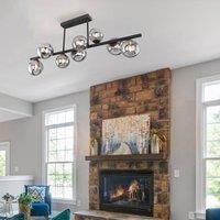 Globo Riha ceiling light, length 87 cm, black/smoke-coloured, 9-bulb.