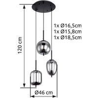 Globo Blacky hanging light, black/smoke grey, 46 cm, glass, 3-bulb.