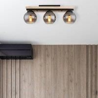 Globo Conni ceiling lamp, length 60 cm, smoke grey, wood/glass, 3-bulb.