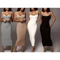Women'S Low Cut Bodycon Maxi Dress In 3 Sizes & 4 Colours - Grey