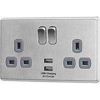 Arlec Fusion Stainless Steel Double switch USB Plug socket 4A Outlet 13A 2 Gang
