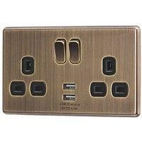 Brass Antique Double Screwless 4.0A USB Plug Socket Arlec fusion 13A 2 Gang DIY