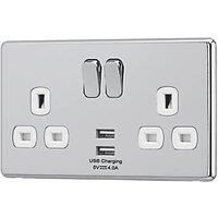 New Arlec Fusion Polished Chrome Socket With USB 2 Gang 13A Slim & Screwless