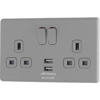 Arlec Rocker Stone Grey Screwless Double USB Socket 2 x 4A USB 13A 2 Gang