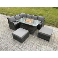 8 Seater Rattan Garden Furniture High Back Corner Sofa Gas Fire Pit Dining Table Sets Gas Heater with 2 Big Footstool Dark Grey Mixed