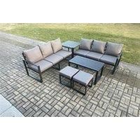 Aluminium Patio Outdoor Garden Furniture Lounge Sofa Set with Oblong Coffee Table 2 Small Footstools Side Table Dark Grey