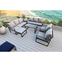 Aluminium Outdoor Garden Furniture Set 9 Seater Garden Sofa with Oblong Coffee Table Big Footstool Dark Grey
