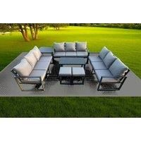 Aluminium 11 Seater Outdoor Garden Furniture Set Lounge Sofa Oblong Coffee Table 2 Small Footstools Side Table Sets with Cushions Dark Grey