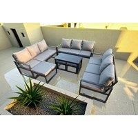 Aluminium Outdoor Garden Furniture Set Lounge Sofa Oblong Coffee Table 3 Footstools Sets with Cushions Dark Grey 12 Seater