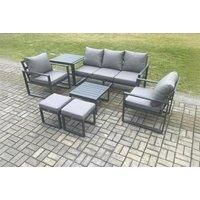 Aluminium 7 Seater Outdoor Lounge Sofa Set Garden Furniture Sets with Square Coffee Table 2 Chairs 2 Small Footstools Side Table Dark Grey