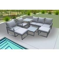 Aluminium Outdoor Lounge Sofa Set Garden Furniture Sets with Square Coffee Table 2 Chairs 2 Big Footstools Side Table Dark Grey 7 Seater