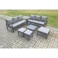 Aluminium 9 Seater Outdoor Garden Furniture Lounge Sofa Set with Square Coffee Table 3 Footstools Side Table Dark Grey