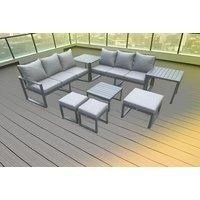 Aluminium 9 Seater Outdoor Garden Furniture Lounge Sofa Set with Square Coffee Table 3 Footstools 2 Side Tables Dark Grey