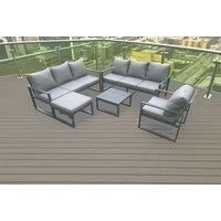 Aluminium 8 Seater Outdoor Garden Furniture Lounge Sofa Set with Square Coffee Table Chair Big Footstool Dark Grey