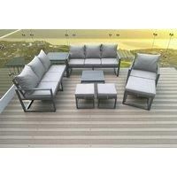 Aluminium Outdoor Lounge Sofa Set Garden Furniture Sets with Square Coffee Table Chair 3 Footstools Side Table Dark Grey