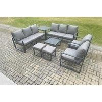 Aluminium Patio Outdoor Garden Furniture Lounge Sofa Set with Square Coffee Table 2 Chairs Side Table 2 Small Footstool Dark Grey