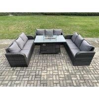 4 Piece Rattan Sofa Set Firepit Table - Grey