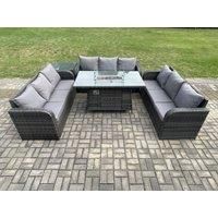 Rattan Furniture Garden Dining Set Gas Fire Pit Table With Side Table 3 Seater Sofa Dark Grey Mixed