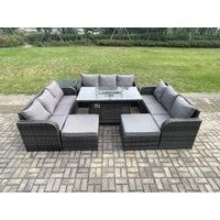 Outdoor Rattan Furniture Garden Dining Set Gas Fire Pit Table With Side Table Lounge Sofa 2 Big Footstool