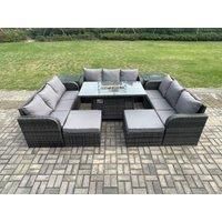 Outdoor Rattan Furniture Garden Dining Set Gas Fire Pit Table With 2 Side Tables Lounge Sofa 2 Big Footstool