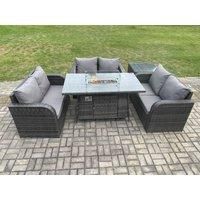 Fimous Rattan Outdoor Garden Furniture Sofa Set Gas Fire Pit Dining Table Gas Heater with Side Table Love Sofa Dark Grey Mixed